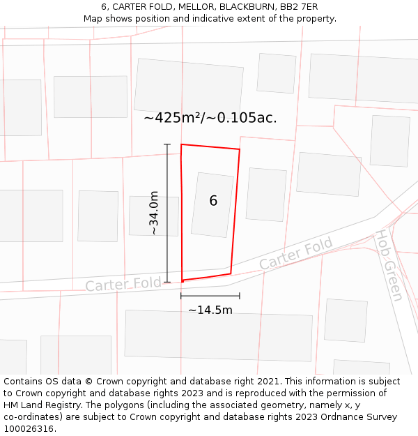 6, CARTER FOLD, MELLOR, BLACKBURN, BB2 7ER: Plot and title map