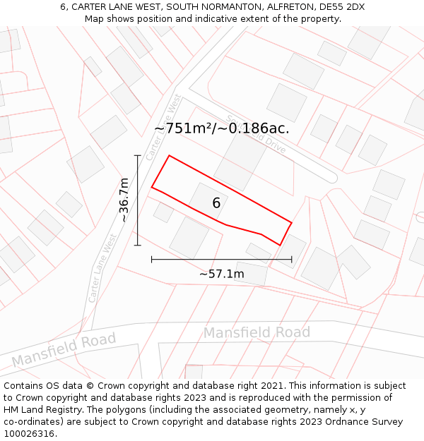 6, CARTER LANE WEST, SOUTH NORMANTON, ALFRETON, DE55 2DX: Plot and title map