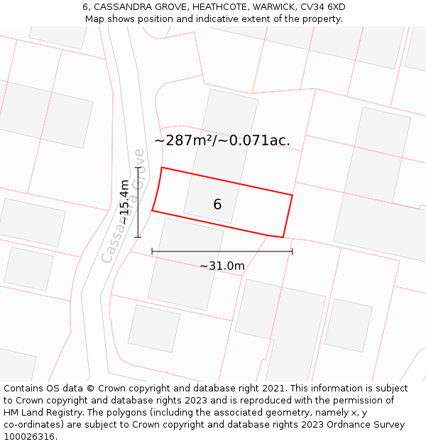 6, CASSANDRA GROVE, HEATHCOTE, WARWICK, CV34 6XD: Plot and title map
