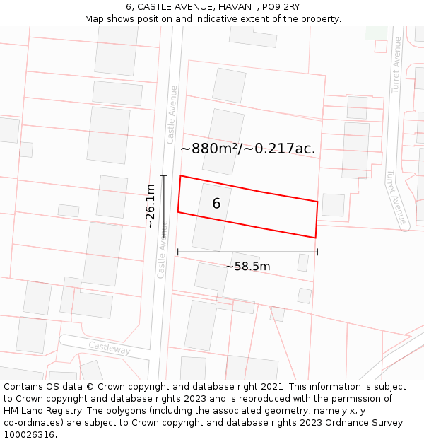 6, CASTLE AVENUE, HAVANT, PO9 2RY: Plot and title map