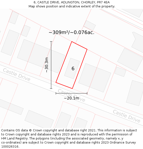 6, CASTLE DRIVE, ADLINGTON, CHORLEY, PR7 4EA: Plot and title map