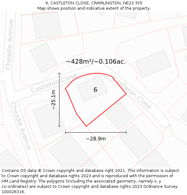 6, CASTLETON CLOSE, CRAMLINGTON, NE23 3YS: Plot and title map