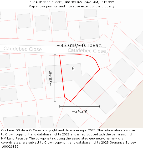6, CAUDEBEC CLOSE, UPPINGHAM, OAKHAM, LE15 9SY: Plot and title map