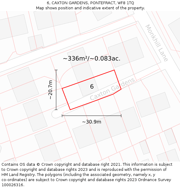 6, CAXTON GARDENS, PONTEFRACT, WF8 1TQ: Plot and title map