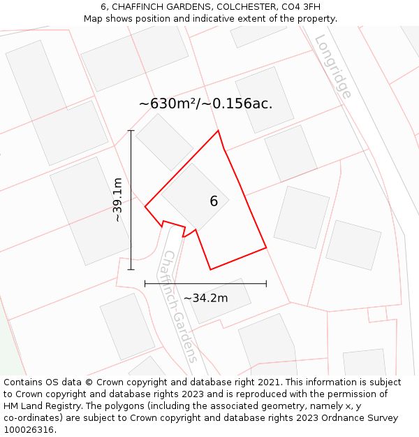 6, CHAFFINCH GARDENS, COLCHESTER, CO4 3FH: Plot and title map