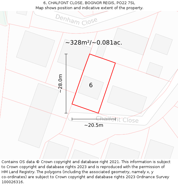 6, CHALFONT CLOSE, BOGNOR REGIS, PO22 7SL: Plot and title map