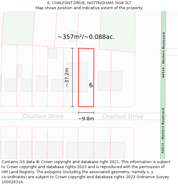 6, CHALFONT DRIVE, NOTTINGHAM, NG8 3LT: Plot and title map