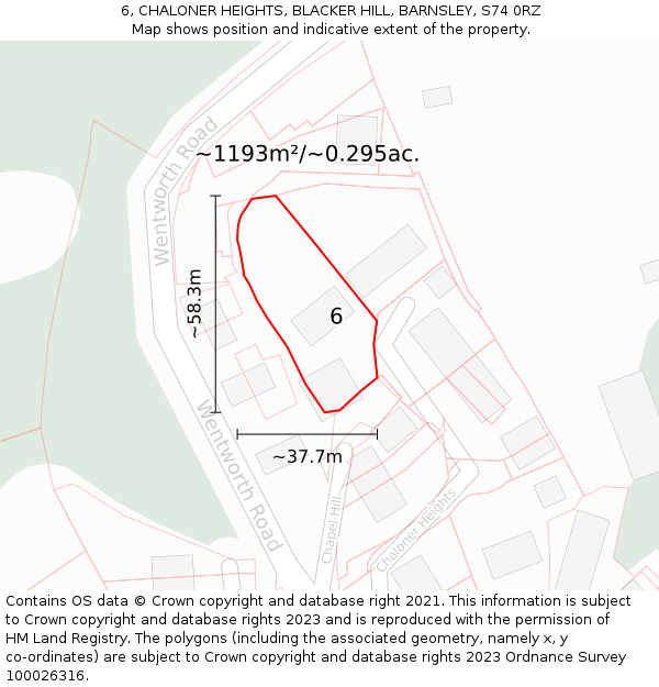 6, CHALONER HEIGHTS, BLACKER HILL, BARNSLEY, S74 0RZ: Plot and title map