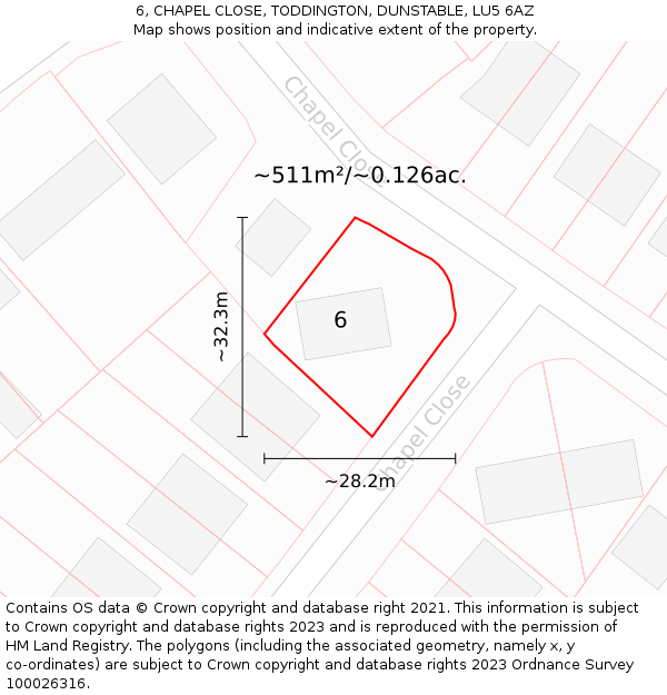 6, CHAPEL CLOSE, TODDINGTON, DUNSTABLE, LU5 6AZ: Plot and title map