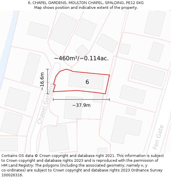 6, CHAPEL GARDENS, MOULTON CHAPEL, SPALDING, PE12 0XG: Plot and title map