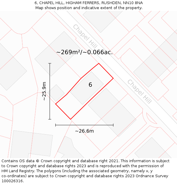 6, CHAPEL HILL, HIGHAM FERRERS, RUSHDEN, NN10 8NA: Plot and title map