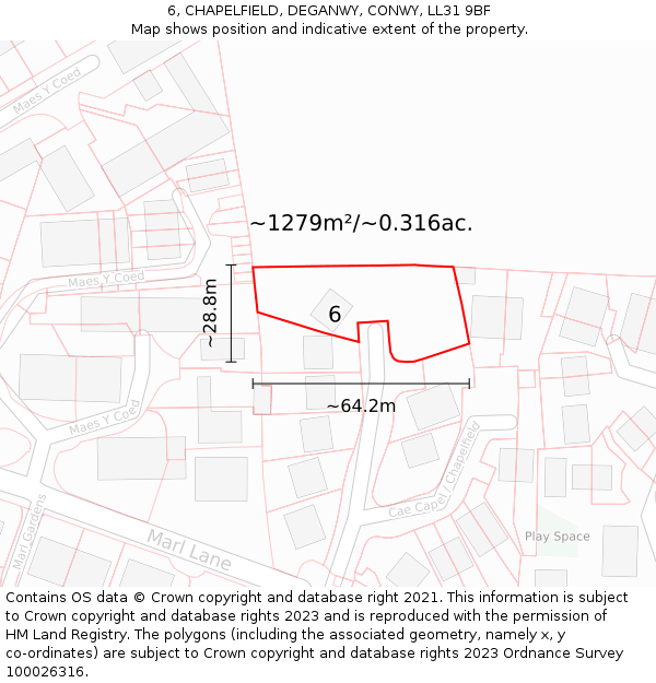 6, CHAPELFIELD, DEGANWY, CONWY, LL31 9BF: Plot and title map