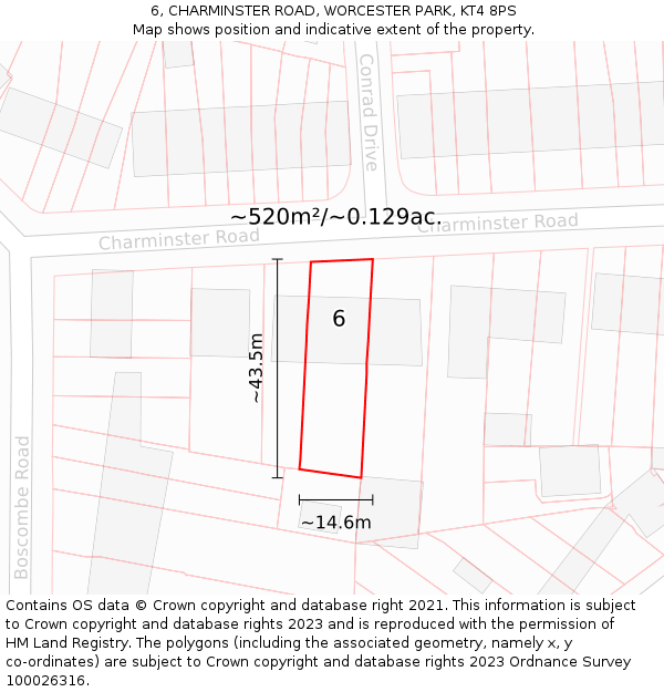 6, CHARMINSTER ROAD, WORCESTER PARK, KT4 8PS: Plot and title map
