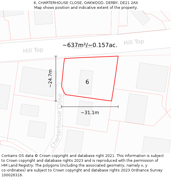 6, CHARTERHOUSE CLOSE, OAKWOOD, DERBY, DE21 2AX: Plot and title map