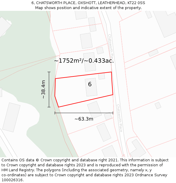 6, CHATSWORTH PLACE, OXSHOTT, LEATHERHEAD, KT22 0SS: Plot and title map