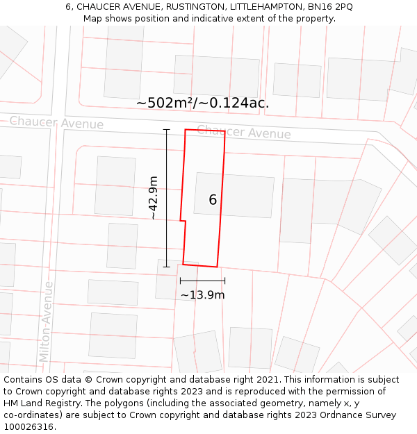 6, CHAUCER AVENUE, RUSTINGTON, LITTLEHAMPTON, BN16 2PQ: Plot and title map