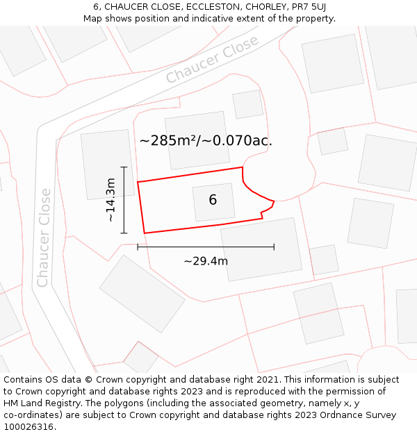 6, CHAUCER CLOSE, ECCLESTON, CHORLEY, PR7 5UJ: Plot and title map
