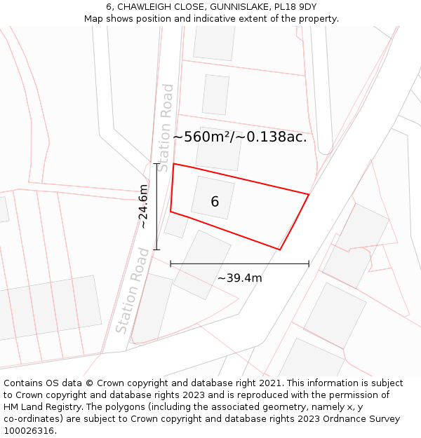 6, CHAWLEIGH CLOSE, GUNNISLAKE, PL18 9DY: Plot and title map