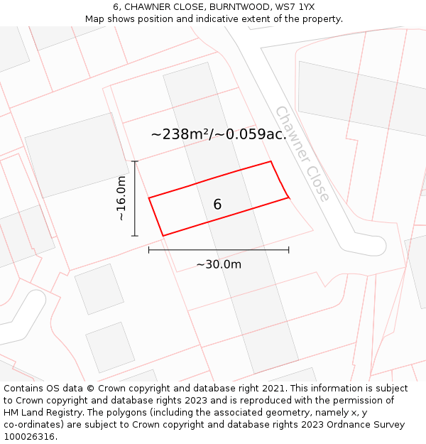 6, CHAWNER CLOSE, BURNTWOOD, WS7 1YX: Plot and title map