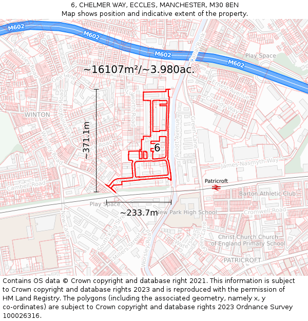 6, CHELMER WAY, ECCLES, MANCHESTER, M30 8EN: Plot and title map