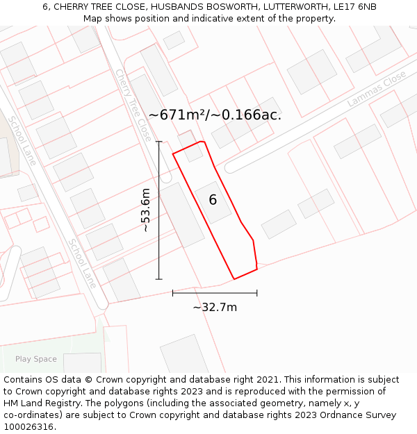 6, CHERRY TREE CLOSE, HUSBANDS BOSWORTH, LUTTERWORTH, LE17 6NB: Plot and title map