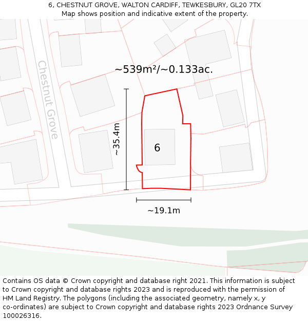 6, CHESTNUT GROVE, WALTON CARDIFF, TEWKESBURY, GL20 7TX: Plot and title map