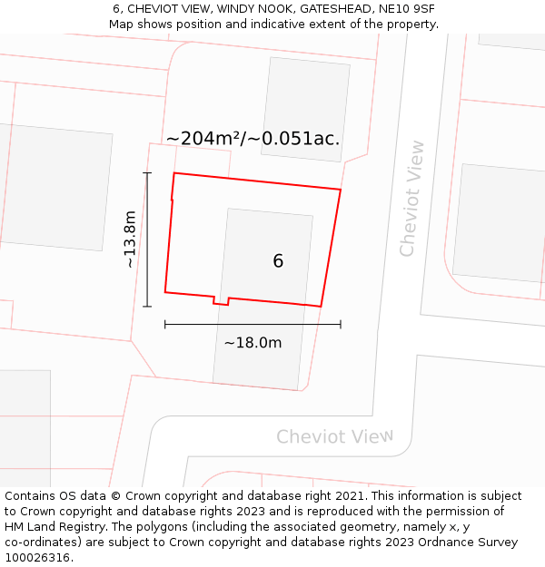 6, CHEVIOT VIEW, WINDY NOOK, GATESHEAD, NE10 9SF: Plot and title map