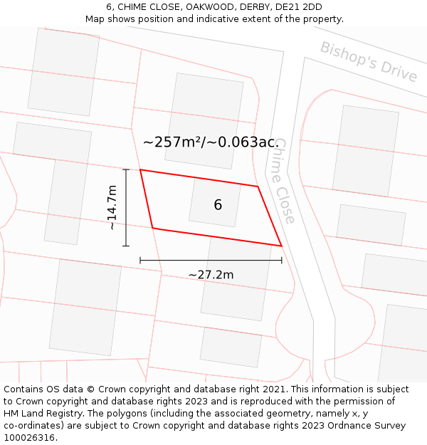 6, CHIME CLOSE, OAKWOOD, DERBY, DE21 2DD: Plot and title map