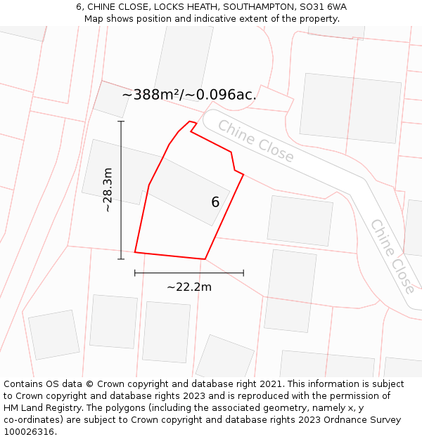6, CHINE CLOSE, LOCKS HEATH, SOUTHAMPTON, SO31 6WA: Plot and title map