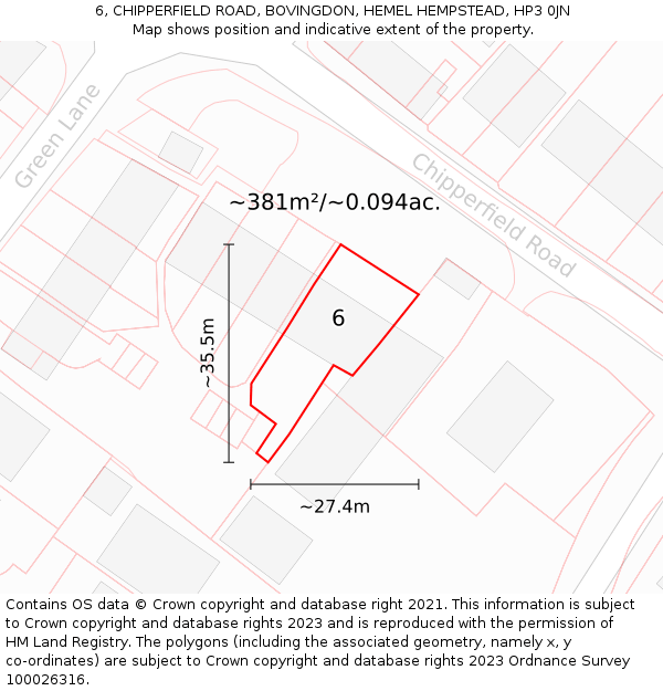 6, CHIPPERFIELD ROAD, BOVINGDON, HEMEL HEMPSTEAD, HP3 0JN: Plot and title map