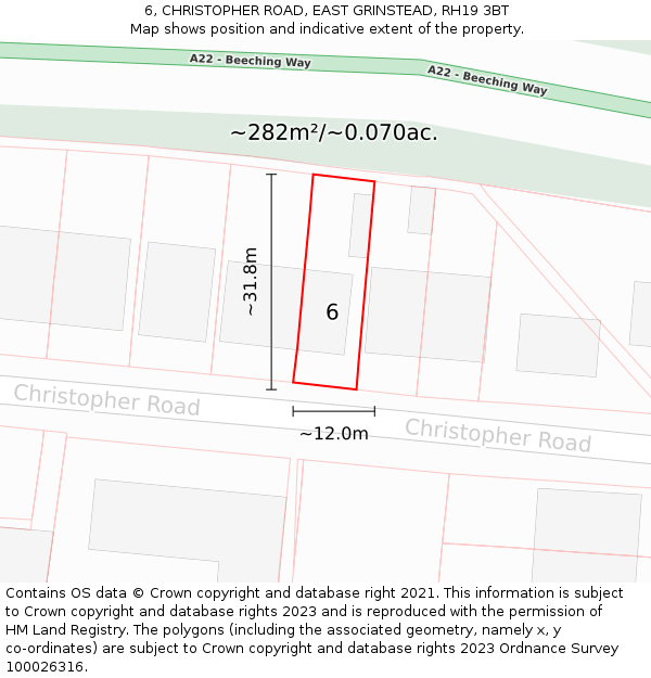 6, CHRISTOPHER ROAD, EAST GRINSTEAD, RH19 3BT: Plot and title map