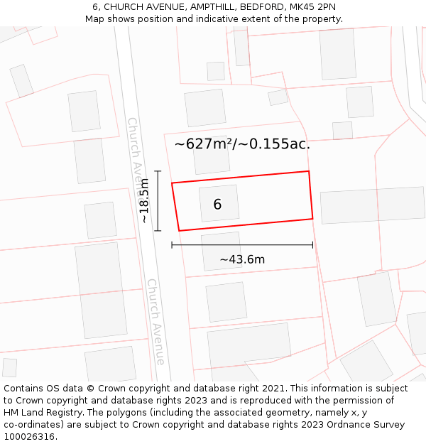 6, CHURCH AVENUE, AMPTHILL, BEDFORD, MK45 2PN: Plot and title map