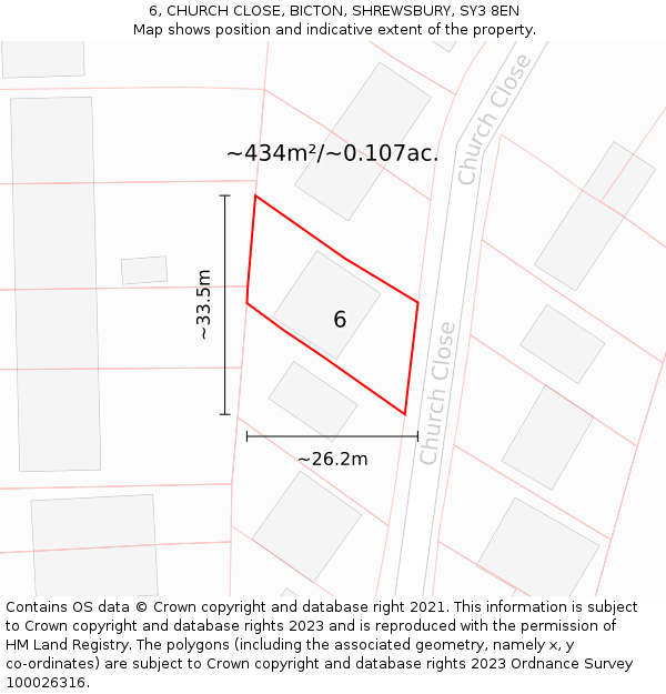 6, CHURCH CLOSE, BICTON, SHREWSBURY, SY3 8EN: Plot and title map