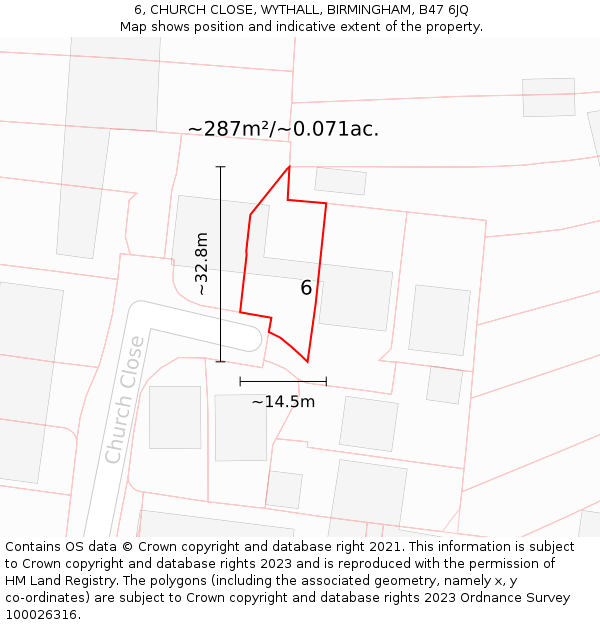 6, CHURCH CLOSE, WYTHALL, BIRMINGHAM, B47 6JQ: Plot and title map