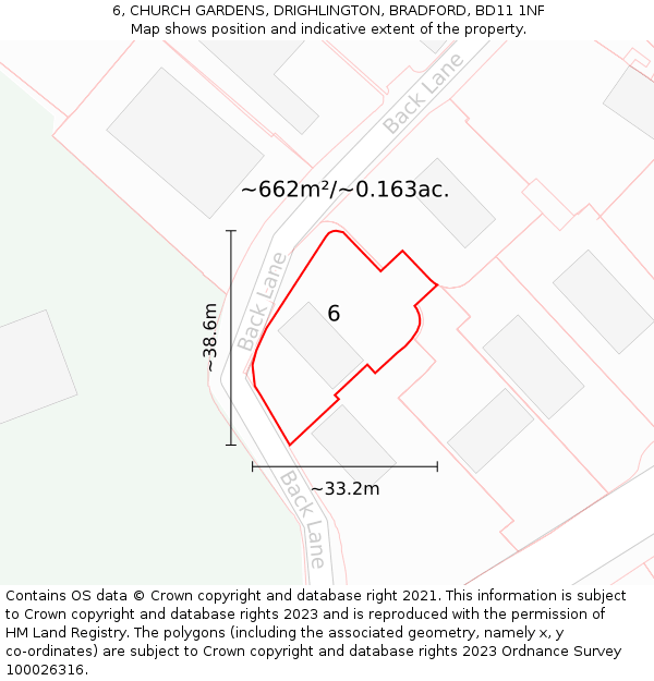 6, CHURCH GARDENS, DRIGHLINGTON, BRADFORD, BD11 1NF: Plot and title map
