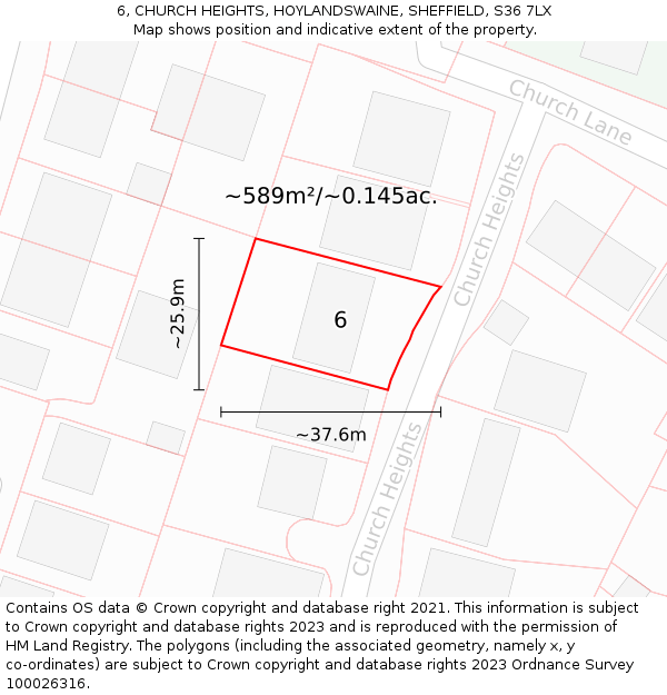 6, CHURCH HEIGHTS, HOYLANDSWAINE, SHEFFIELD, S36 7LX: Plot and title map