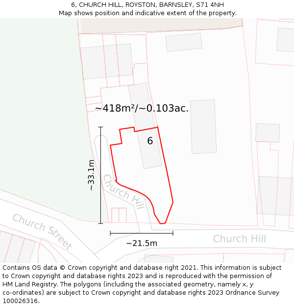 6, CHURCH HILL, ROYSTON, BARNSLEY, S71 4NH: Plot and title map