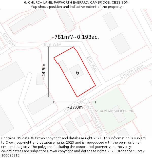 6, CHURCH LANE, PAPWORTH EVERARD, CAMBRIDGE, CB23 3QN: Plot and title map