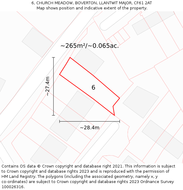 6, CHURCH MEADOW, BOVERTON, LLANTWIT MAJOR, CF61 2AT: Plot and title map