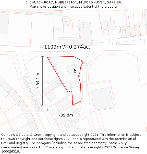 6, CHURCH ROAD, HUBBERSTON, MILFORD HAVEN, SA73 3PL: Plot and title map