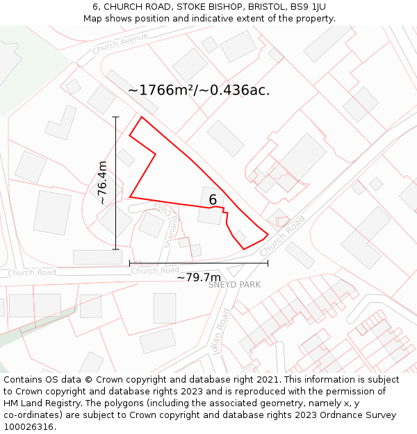 6, CHURCH ROAD, STOKE BISHOP, BRISTOL, BS9 1JU: Plot and title map