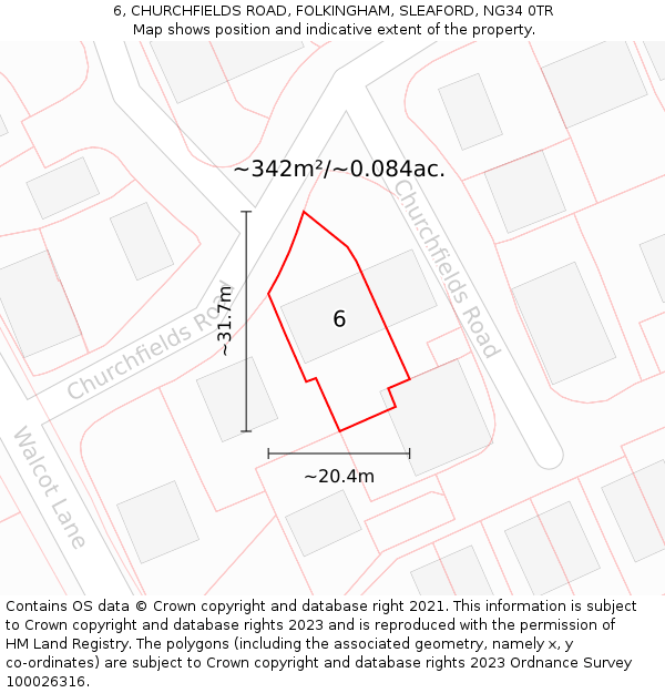 6, CHURCHFIELDS ROAD, FOLKINGHAM, SLEAFORD, NG34 0TR: Plot and title map