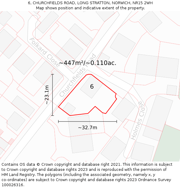 6, CHURCHFIELDS ROAD, LONG STRATTON, NORWICH, NR15 2WH: Plot and title map