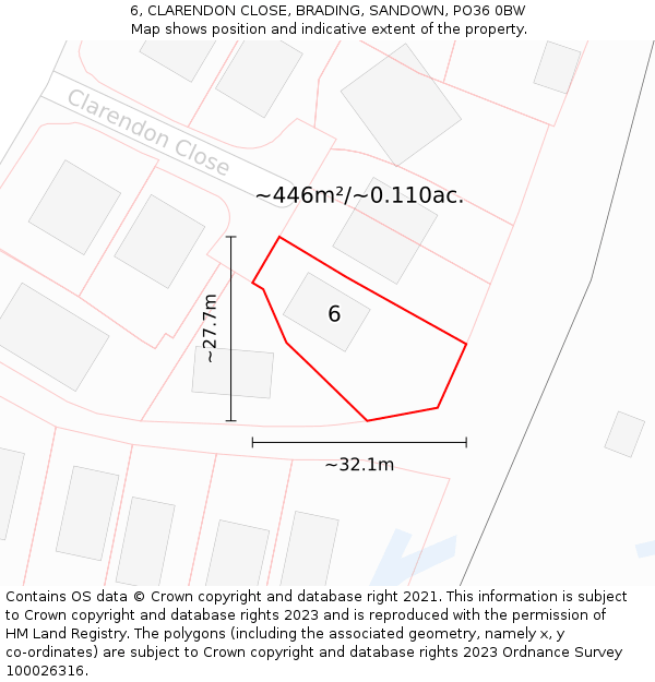 6, CLARENDON CLOSE, BRADING, SANDOWN, PO36 0BW: Plot and title map