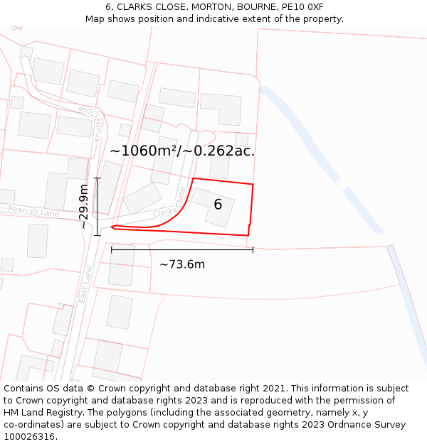 6, CLARKS CLOSE, MORTON, BOURNE, PE10 0XF: Plot and title map