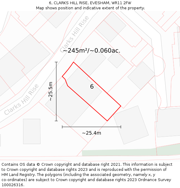 6, CLARKS HILL RISE, EVESHAM, WR11 2FW: Plot and title map