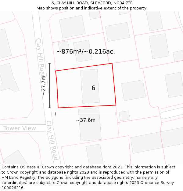 6, CLAY HILL ROAD, SLEAFORD, NG34 7TF: Plot and title map