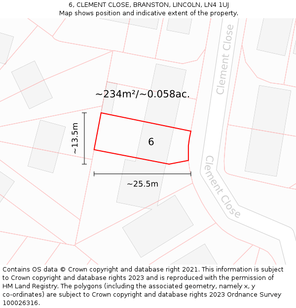 6, CLEMENT CLOSE, BRANSTON, LINCOLN, LN4 1UJ: Plot and title map