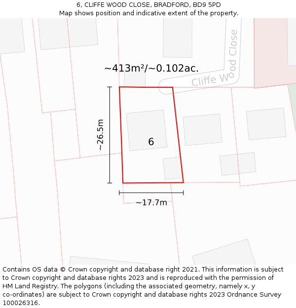 6, CLIFFE WOOD CLOSE, BRADFORD, BD9 5PD: Plot and title map