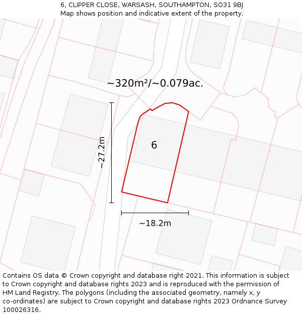 6, CLIPPER CLOSE, WARSASH, SOUTHAMPTON, SO31 9BJ: Plot and title map